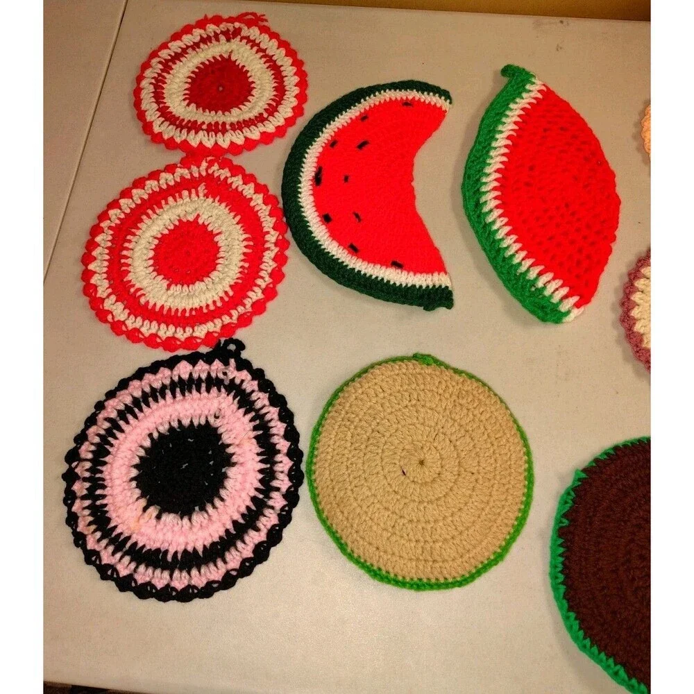 Vintage Crochet Potholder Lot (9) - Handmade Fruit, Mushroom & Floral Trivets